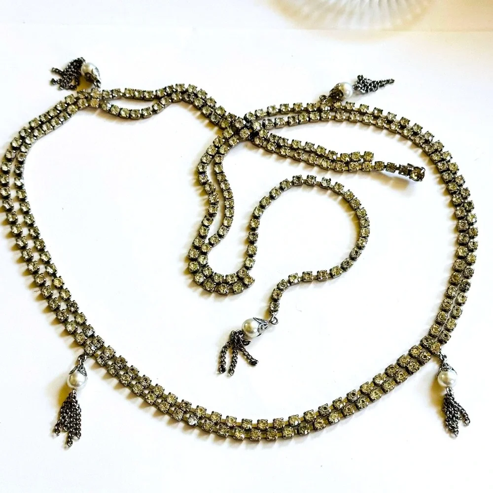 VTG rhinestone silver tone chain fringe Belt Necklace pearl tassel statement 38